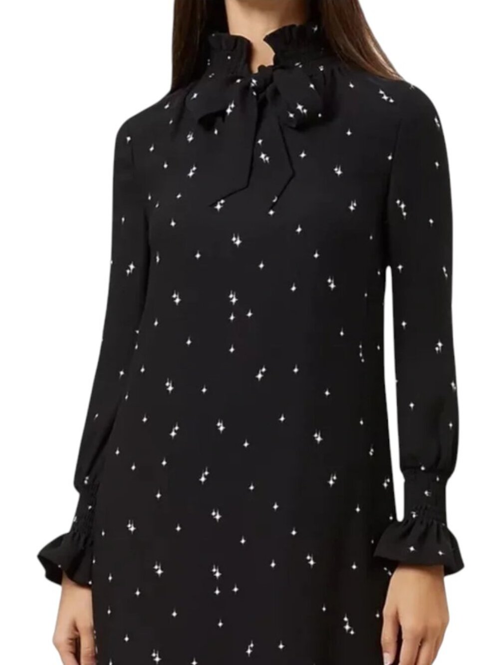 Hobbs London Luna Black Star Print Ruffle Tie Neck Long Sleeve Dress - Picture 2 of 14